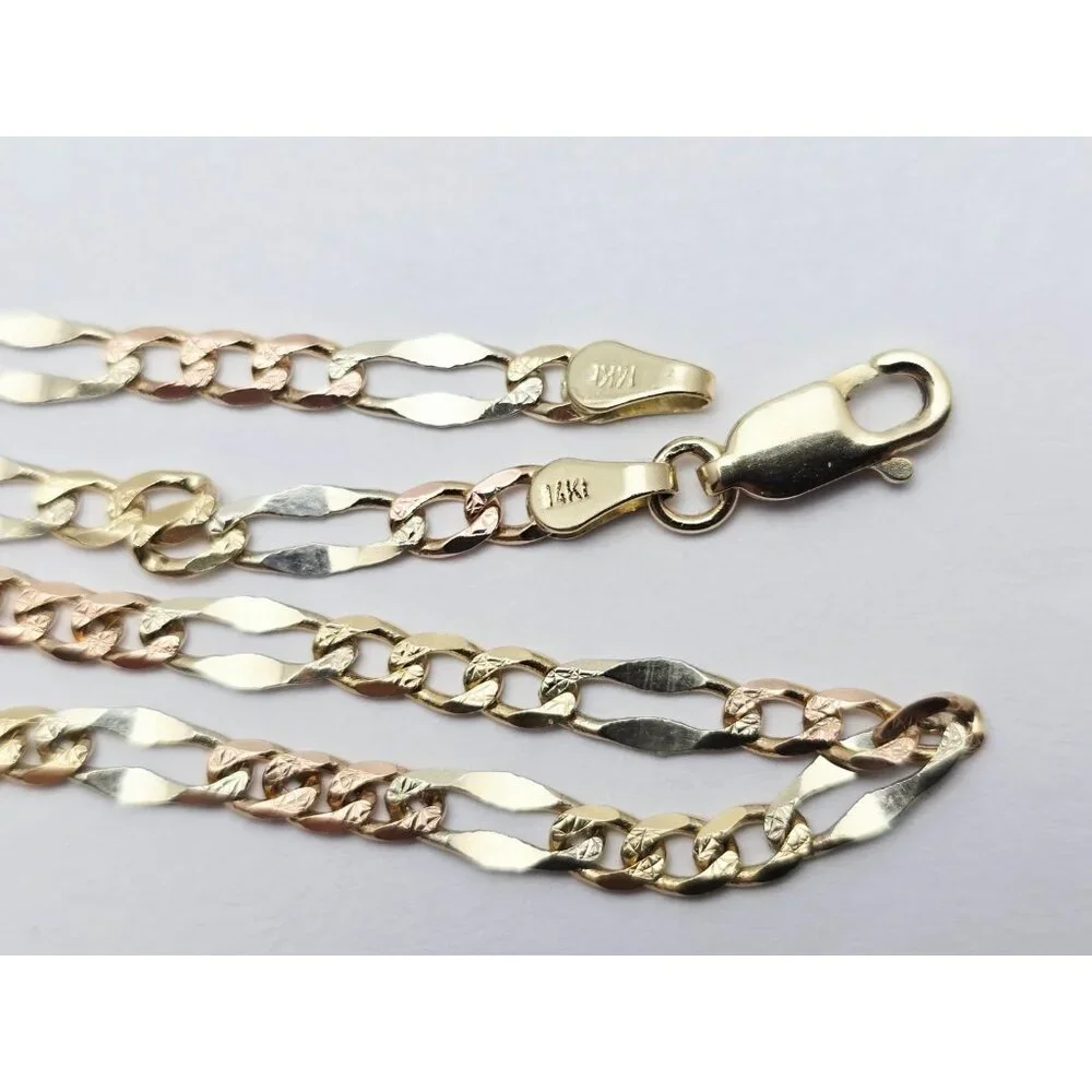 14K Two Tone Multi Color Gold Diamond Cut Figaro Link Chain Necklace - 24.25